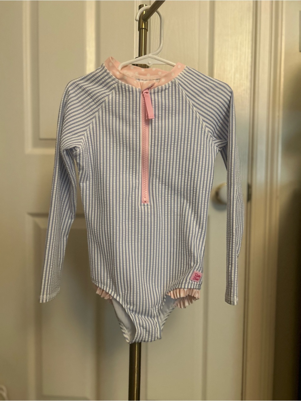 Ruffle Butts Pink Trim Blue Stripe / seersucker Long-Sleeve One-Piece Swimsuit